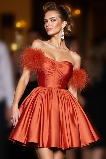 Orange Off The Shoulder Ruched A Line Homecoming Dress